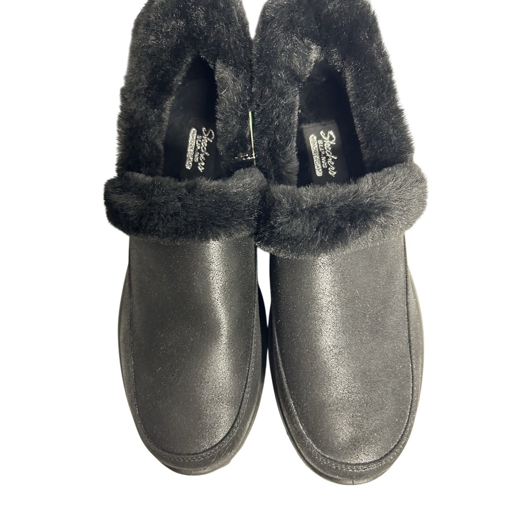 Skechers So Soft So Comfy Vegan Black Faux Fur Slip On Clogs Mules Shoes